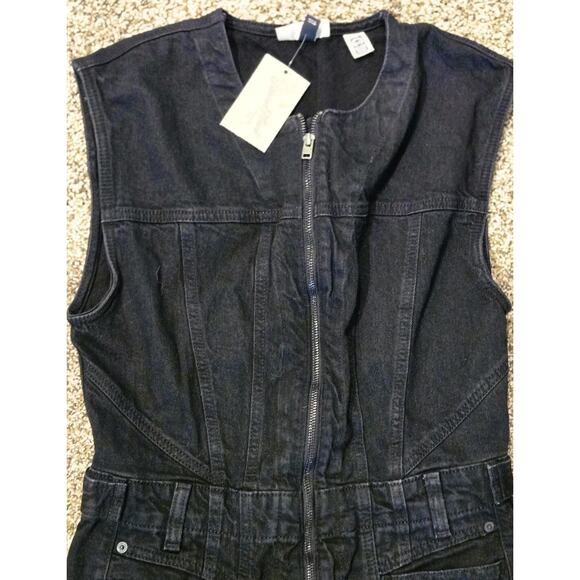 Black Denim Tailored 1 Pc Sleeveless Jumpsuit Size 6 Moto Grunge Military Punk - Picture 4 of 11